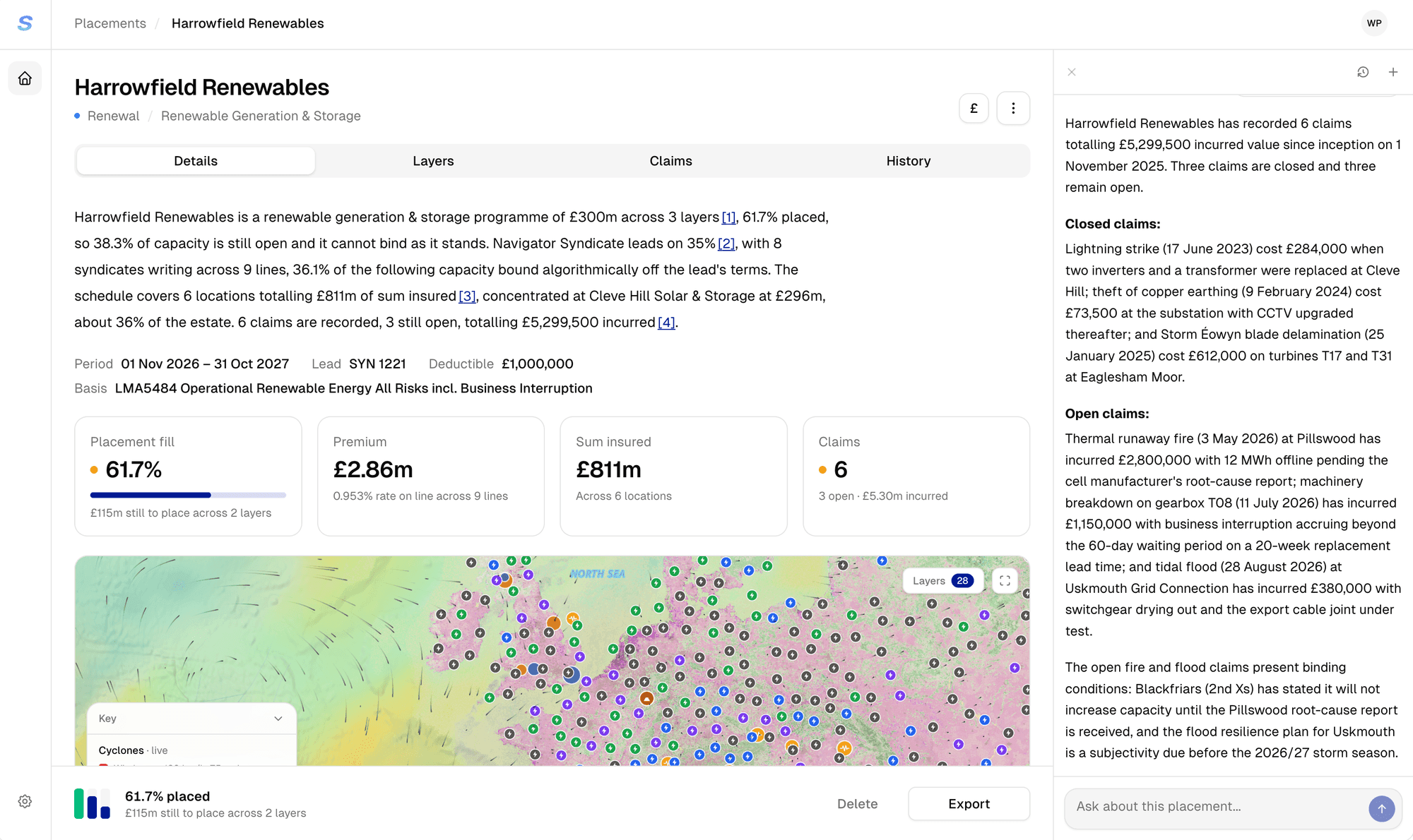A placement in Slipstream: written summary, layers, premium, sum insured and claims, with sites mapped under live hazard layers.